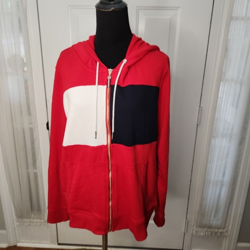 Tommy Hilfiger Red‎ White Blue Hooded Jacket Tommy Hilfiger Sleeve  Size XL